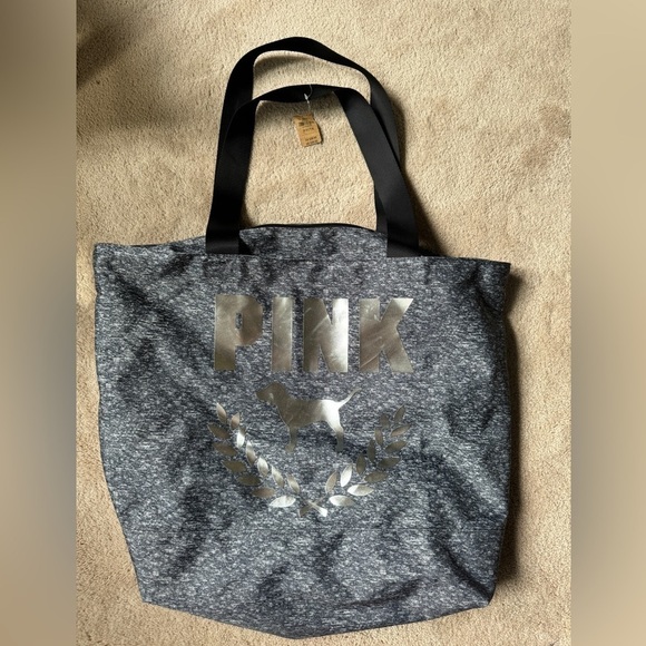 PINK Victoria's Secret Handbags - NWT Victoria's Secret Pink Bling Tote Weekender Bag Heather Gray Foil Dog Logo